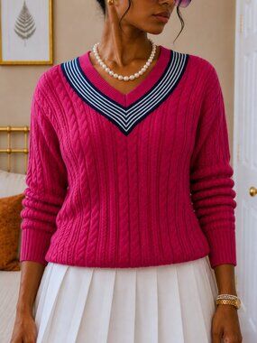 IZOD Womens Size S Sweater Pink Cable Knit V Neck Barbiecore Preppy Tennis
